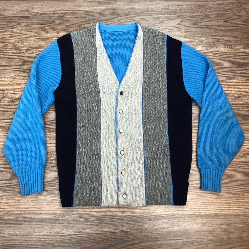 Vintage 1960s Blue, Grey & Navy Stripe Cardigan M